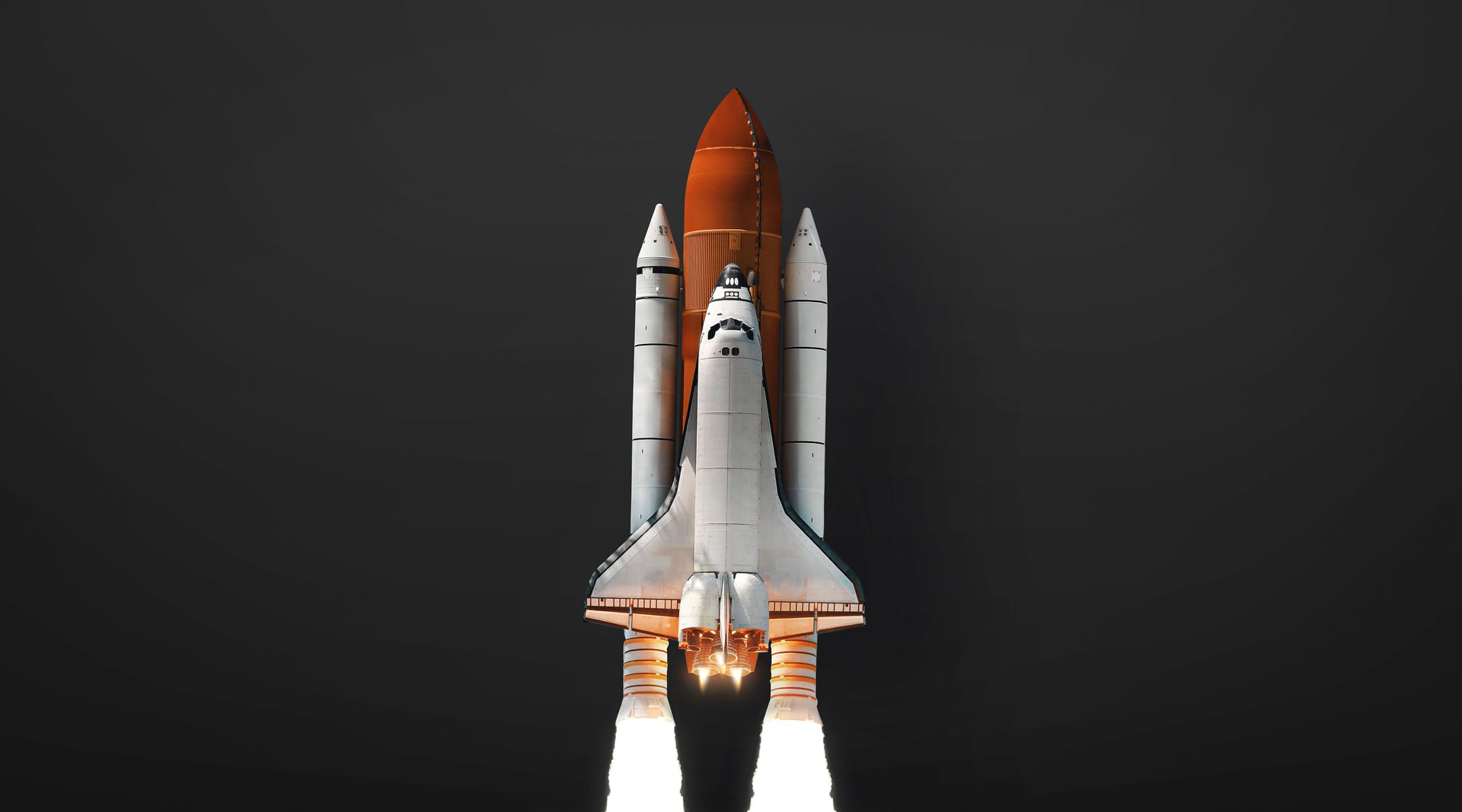 Space shuttle rocket on dark background. Sci-fi Space art wallpaper. Place for text. Spaceship isolted on black background. Elements of this image furnished by NASA
